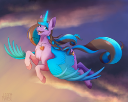 Size: 3000x2400 | Tagged: safe, artist:leafywolf, derpibooru import, oc, oc only, alicorn, pony, alicorn oc, female, flying, glowing, glowing horn, horn, jewelry, mare, necklace, smiling, solo, wings