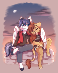 Size: 1753x2218 | Tagged: safe, artist:leafywolf, derpibooru import, oc, oc only, anthro, digitigrade anthro, pegasus, unguligrade anthro, clothes, duo, female, hug, male, mare, moon, pants, pegasus oc, scarf, shorts, sleepy, twilight (astronomy), unshorn fetlocks, winghug, wings