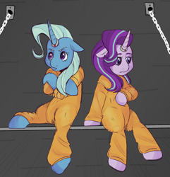 Size: 1374x1423 | Tagged: safe, artist:ghostjimi, derpibooru import, starlight glimmer, trixie, semi-anthro, unicorn, clothes, commission, commissioner:rainbowdash69, horn, horn ring, jail, jail cell, jumpsuit, magic suppression, never doubt rainbowdash69's involvement, prison, prison outfit, prisoner, prisoner sg, prisoner tx, ring