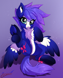 Size: 2328x2868 | Tagged: safe, artist:rednite, derpibooru import, oc, oc only, pegasus, pony, bow, butt, chest fluff, female, gradient background, high res, looking at you, mare, pegasus oc, plot, signature, solo, spread wings, wings