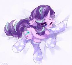 Size: 4000x3600 | Tagged: safe, artist:vanilla-chan, derpibooru import, starlight glimmer, pony, unicorn, butt fluff, clothes, cute, ear fluff, ears, female, fluffy, glimmerbetes, high res, looking at you, mare, one eye closed, signature, solo, stockings, thigh highs, wink