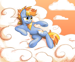 Size: 880x724 | Tagged: safe, artist:solixy406, derpibooru import, oc, oc:cloudbreaker, pegasus, pony, cloud, lying down, lying on a cloud, male, on a cloud, on back, orange sky, pegasus oc, solo, stallion