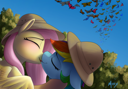 Size: 5000x3500 | Tagged: safe, artist:supermoix, derpibooru import, fluttershy, rainbow dash, butterfly, insect, pegasus, pony, blushing, butterfly migration, commission, cute, duo, eyes closed, female, flutterdash, kiss on the lips, kissing, lesbian, shipping