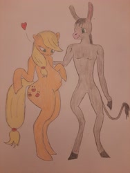 Size: 3000x4000 | Tagged: safe, artist:donkeythe1, derpibooru import, applejack, oc, donkey, earth pony, semi-anthro, donkey oc, female, interspecies, looking down, love, male, mare, preggo jack, pregnant, standing, traditional art