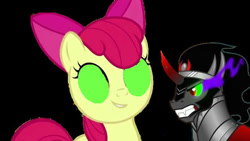 Size: 444x250 | Tagged: safe, derpibooru import, apple bloom, king sombra, earth pony, pony, unicorn, bloom and gloom, the crystal empire, black background, female, glowing, glowing eyes, inverted mouth, male, mind control, simple background, sombrafied