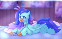 Size: 3200x2011 | Tagged: safe, artist:cofiiclouds, derpibooru import, oc, oc only, oc:sea lilly, classical hippogriff, hippogriff, camera, commission, controller, hippogriff oc, jewelry, lying down, necklace, pillow, prone, room, ych result