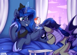 Size: 2250x1600 | Tagged: safe, artist:shadowreindeer, derpibooru import, princess luna, alicorn, bat pony, alcohol, female, guardluna, guardsmare, lesbian, magic, mare, remake, remakeoldart, royal guard, shipping, telekinesis, wine