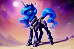 Size: 2304x1536 | Tagged: safe, derpibooru import, editor:siber, generator:purplesmart.ai, generator:stable diffusion, machine learning generated, princess luna, alicorn, pony, armor, female, looking at you, mare, mass effect, planet, power armor, solo, space, stars