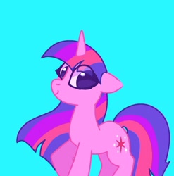 Size: 1074x1085 | Tagged: safe, artist:petaltwinkle, derpibooru import, twilight sparkle, unicorn twilight, pony, unicorn, blue background, ears, floppy ears, simple background, smiling, solo, standing