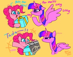 Size: 1368x1074 | Tagged: safe, artist:petaltwinkle, derpibooru import, pinkie pie, twilight sparkle, twilight sparkle (alicorn), alicorn, earth pony, pony, duo, frown, get stick bugged lol, open mouth, prank, smiling, spread wings, text, wings