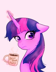 Size: 1074x1368 | Tagged: safe, artist:petaltwinkle, derpibooru import, twilight sparkle, pony, unicorn, bust, coffee, magic, simple background, solo, text, white background