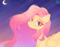 Size: 1368x1074 | Tagged: safe, artist:petaltwinkle, derpibooru import, fluttershy, pegasus, pony, female, mare, moon, sky, smiling, solo, stars