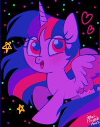 Size: 1074x1368 | Tagged: safe, artist:petaltwinkle, derpibooru import, twilight sparkle, twilight sparkle (alicorn), alicorn, pony, black background, chibi, heart, simple background, smiling, solo, spread wings, wings