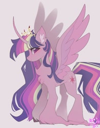 Size: 1074x1368 | Tagged: safe, artist:petaltwinkle, derpibooru import, twilight sparkle, twilight sparkle (alicorn), alicorn, pony, chest fluff, crown, curved horn, ear fluff, ears, female, jewelry, long horn, mare, profile, regalia, side view, simple background, smiling, solo, spread wings, standing, unshorn fetlocks, white background, wings