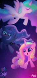 Size: 641x1322 | Tagged: safe, artist:petaltwinkle, derpibooru import, princess cadance, princess celestia, princess luna, twilight sparkle, alicorn, pony, chibi, eyes closed, flying, open mouth, smiling, spread wings, wings