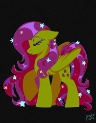 Size: 1074x1368 | Tagged: safe, artist:petaltwinkle, derpibooru import, fluttershy, pegasus, pony, black background, eyes closed, simple background, solo, standing