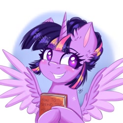 Size: 1280x1280 | Tagged: safe, artist:galaxy swirl, derpibooru import, twilight sparkle, twilight sparkle (alicorn), alicorn, pony, blushing, book, ear fluff, ears, female, grin, holding, mare, simple background, smiling, solo, spread wings, white background, wings