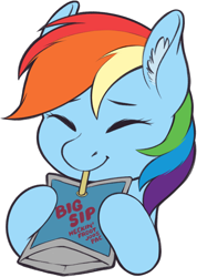 Size: 1440x2026 | Tagged: safe, artist:taytinabelle, derpibooru exclusive, derpibooru import, rainbow dash, pegasus, pony, bust, capri sun, capri-sun, drink, drinking, drinking straw, ear fluff, ears, eyes closed, female, happy, hoof hold, juice, juice pouch, mare, simple background, smiling, solo, transparent background