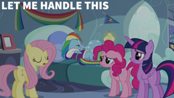 Size: 1920x1080 | Tagged: safe, derpibooru import, edit, edited screencap, editor:quoterific, screencap, fluttershy, pinkie pie, rainbow dash, tank, twilight sparkle, twilight sparkle (alicorn), alicorn, earth pony, pegasus, pony, tanks for the memories, bed, butt, female, mare, plot, rainbow dash's house