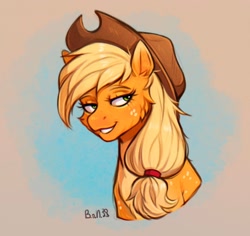 Size: 1316x1244 | Tagged: safe, artist:birdoffnorth, derpibooru import, applejack, earth pony, pony, bust, female, grin, mare, portrait, smiling, solo