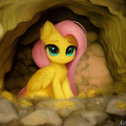 Size: 1024x1024 | Tagged: safe, derpibooru import, generator:stable diffusion, machine learning generated, fluttershy, pegasus, pony, chest fluff, cute, ear fluff, ears, female, fluffy, looking at you, mare, shyabetes, sitting, solo