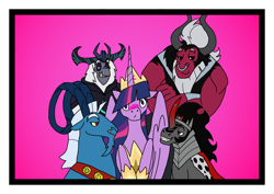 Size: 1414x1000 | Tagged: safe, artist:zetikoopa, derpibooru import, grogar, king sombra, lord tirek, princess twilight 2.0, storm king, twilight sparkle, twilight sparkle (alicorn), alicorn, centaur, pony, sheep, taur, unicorn, my little pony: the movie, the last problem, blushing, female, male, mare, older, older twilight, one ear down, personal space invasion, purple background, ram, shipping, simple background, stallion, storm creature, straight, surrounded, twibra, twigar, twilight sparkle gets all the stallions, twirek, twistorm