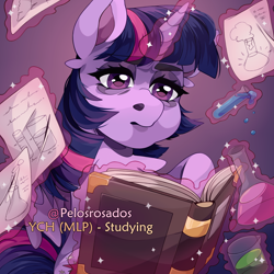 Size: 3200x3200 | Tagged: safe, artist:pelosrosados, derpibooru import, twilight sparkle, twilight sparkle (alicorn), alicorn, pony, bags under eyes, book, female, gradient background, magic, mare, solo, test tube