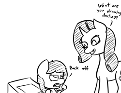 Size: 456x352 | Tagged: safe, artist:happy harvey, edit, twibooru import, rarity, oc, oc:anon filly, earth pony, pony, unicorn, annoyed, black and white, cropped, dialogue, drawing, female, filly, foal, grayscale, lidded eyes, looking at each other, monochrome, simple background, smiling, white background