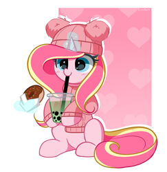 Size: 2572x2648 | Tagged: safe, artist:kittyrosie, derpibooru import, oc, oc only, oc:rosa flame, pony, unicorn, abstract background, boba, bubble tea, clothes, donut, drinking, food, glowing, glowing horn, horn, magic, simple background, solo, sweater, telekinesis, unicorn oc, white background