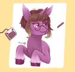 Size: 1280x1218 | Tagged: safe, artist:scarlett-berry, derpibooru import, oc, oc only, pony, unicorn, abstract background, bedroom eyes, bust, cloven hooves, female, glasses, horn, mare, solo, unicorn oc, unshorn fetlocks