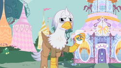 Size: 1280x720 | Tagged: safe, artist:mlp-silver-quill, derpibooru import, oc, oc:silver quill, hippogriff, after the fact, after the fact:inspiration manifestation, carousel boutique, coffee cup, cup, hangover, headache, hippogriff oc, ponyville, starebucks