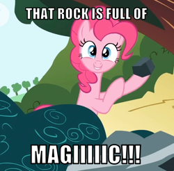 Size: 578x568 | Tagged: safe, derpibooru import, edit, edited screencap, editor:twi clown, screencap, pinkie pie, earth pony, pony, caption, cropped, demo mesa, female, image macro, mare, rock, text