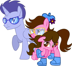 Size: 3489x3183 | Tagged: safe, artist:kittypainty, artist:tanahgrogot, derpibooru import, oc, oc only, oc:enrique zuniga jr, oc:madison, oc:tiffany fisher, alicorn, earth pony, pony, 2023 community collab, alicorn oc, angry, base used, clothes, derpibooru community collaboration, ears, earth pony oc, female, filly, floppy ears, flower, foal, glasses, hat, horn, male, mare, medibang paint, mother and father, ponytail, sad, shoes, simple background, stallion, transparent background, trio, wings