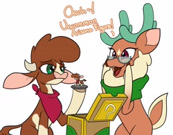 Size: 3000x2336 | Tagged: safe, artist:mrneo, derpibooru import, arizona cow, cashmere (tfh), cow, deer, reindeer, them's fightin' herds, clothes, cloven hooves, community related, duo, figurine, glasses, loot box, scarf, simple background, white background