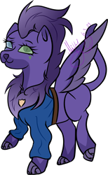 Size: 2412x3927 | Tagged: safe, artist:thecommandermiky, derpibooru import, oc, oc only, oc:miky command, hybrid, pegasus, chest fluff, clothes, female, happy, looking at you, mare, paws, pegasus oc, purple hair, purple mane, simple background, solo, spread wings, white background, wings