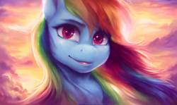 Size: 2816x1680 | Tagged: safe, derpibooru import, generator:stable diffusion, machine learning assisted, rainbow dash, pony, cloud, detailed background, sky, solo, sunset, wallpaper