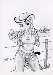 Size: 2896x4064 | Tagged: safe, artist:dantethehuman, derpibooru import, granny smith, anthro, clothes, denim, fence, gun, handgun, jeans, monochrome, pants, revolver, rifle, shirt, signature, solo, traditional art, weapon, young granny smith, younger