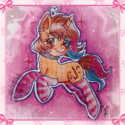 Size: 1960x1960 | Tagged: safe, artist:loohisgod27, derpibooru import, oc, oc only, pony, unicorn, blushing, choker, clothes, ear piercing, earring, eyelashes, female, graph paper, horn, jewelry, mare, piercing, smiling, socks, solo, spiked choker, striped socks, traditional art, unicorn oc