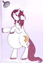 Size: 756x1106 | Tagged: safe, artist:lulubell, derpibooru import, oc, oc:amy, pony, unicorn, bathing, belly, big belly, bipedal, bipedal leaning, female, horn, leaning, mare, pregnant, solo, standing up, unicorn oc