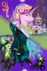 Size: 2000x3000 | Tagged: source needed, safe, artist:askavidt, derpibooru import, princess cadance, queen chrysalis, alicorn, changeling, changeling queen, canterlot, card, crown, fire, green fire, jewelry, moon, multicolored hair, night, night sky, regalia, sharp teeth, sky, smoke, teeth, transparent wings, wings