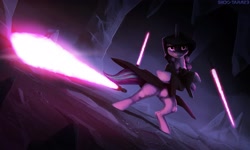 Size: 3678x2200 | Tagged: safe, artist:shido-tara, derpibooru import, starlight glimmer, unicorn, cave, clothes, crossover, dark, darth traya, female, glowing, glowing eyes, lightsaber, robe, sith, solo, standing, star wars, star wars: knights of the old republic, weapon