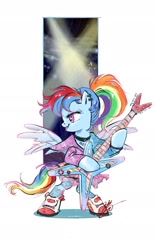 Size: 1362x2198 | Tagged: safe, artist:tina1804, derpibooru import, rainbow dash, pegasus, pony, bipedal, choker, clothes, ear piercing, guitar, musical instrument, piercing, shoes, simple background, solo, white background