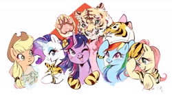 Size: 3265x1800 | Tagged: safe, artist:tina1804, derpibooru import, applejack, fluttershy, pinkie pie, rainbow dash, rarity, twilight sparkle, alicorn, earth pony, pegasus, pony, unicorn, china, chinese, mane six, simple background, white background, year of the tiger