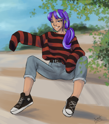 Size: 1102x1257 | Tagged: safe, artist:elisdoominika, derpibooru import, starlight glimmer, human, belt, blue sky, clothes, converse, denim, humanized, jeans, leaves, looking at you, pants, ponytail, shoes, sitting, smiling, smiling at you, solo, sweater, tan skin, teenage glimmer, teenager