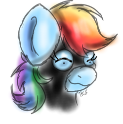 Size: 1916x1921 | Tagged: safe, artist:taeko, derpibooru exclusive, derpibooru import, rainbow dash, pegasus, pony, fanfic:rainbow factory, 2023, bodysuit, bust, clothes, eyes closed, fanfic art, female, rainbow factory dash, signature, simple background, sketch, smiling, solo, white background