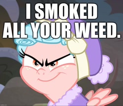 Size: 1091x938 | Tagged: safe, derpibooru import, edit, edited screencap, screencap, cozy glow, pegasus, pony, clothes, drugs, evil, evil grin, female, filly, foal, grin, hat, marijuana, pure concentrated unfiltered evil of the utmost potency, pure unfiltered evil, smiling, winter outfit