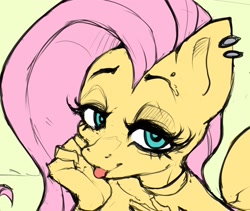 Size: 2352x1985 | Tagged: safe, artist:darknud, derpibooru import, fluttershy, anthro, pegasus, bust, ear piercing, earring, female, green background, jewelry, lidded eyes, looking at you, mare, piercing, simple background, solo