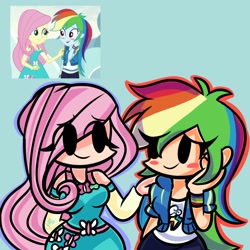 Size: 2100x2100 | Tagged: safe, artist:simplementeyeu, derpibooru import, fluttershy, rainbow dash, equestria girls, blue background, blush sticker, blushing, female, flutterdash, friday night funkin', hand on shoulder, human coloration, lesbian, outline, screencap reference, shipping, simple background