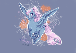 Size: 2388x1668 | Tagged: safe, artist:nightprince-art, derpibooru import, wind whistler, pegasus, pony, g1, blue background, blushing, bow, female, flower, flying, looking at you, mare, signature, simple background, solo, spread wings, tail, tail bow, wings
