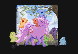 Size: 2388x1668 | Tagged: safe, artist:nightprince-art, derpibooru import, lickety split, bushwoolie, earth pony, pony, g1, eyes closed, female, mare, open mouth, signature, smiling, tree